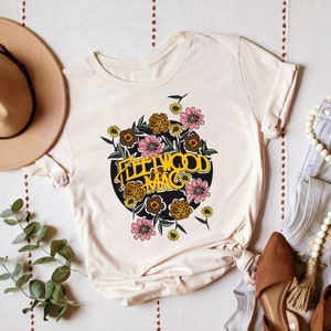 Crew-neck T-shirt with colorful floral band logo print on light cream fabric