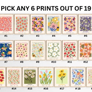 Set of floral market print wall art, colorful botanical poster designs (6-pack)