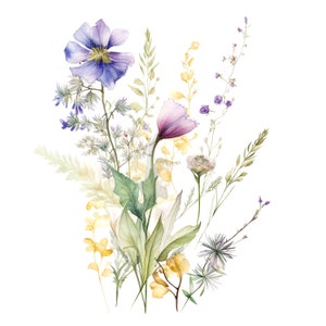 Watercolor wildflower bouquet clipart with purple and yellow blooms and green leaves