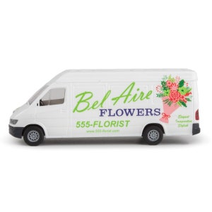 Assembled flower shop service van model in white with “Bel Aire Flowers” lettering