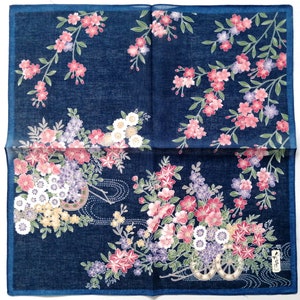 Vintage floral print handkerchief, navy blue with pink and white blossoms, square.