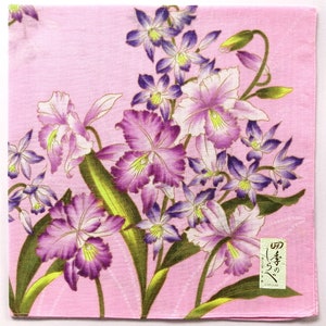 Pink vintage handkerchief with purple orchids and small fabric label