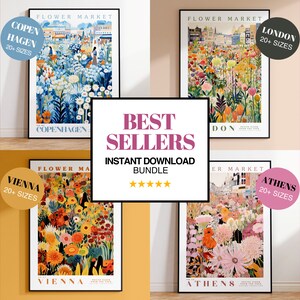 Set of 4 botanical flower market print posters with multicolor floral city scenes