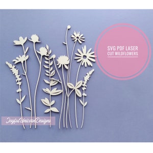 Laser-cut wildflower SVG bundle with wood flower and leaf shapes, thin outline set