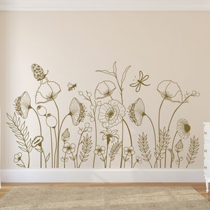 Wildflower wall decal with butterflies, beige line-art flowers