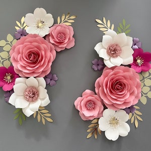 Pink and white paper flower wall decor set with gold leaf accents