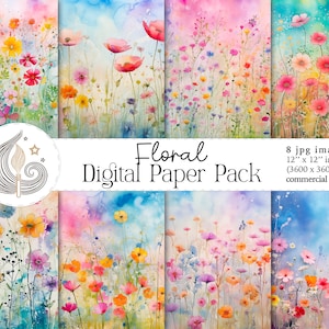 Watercolor floral digital paper pack, assorted pastel flower patterns in vertical panels