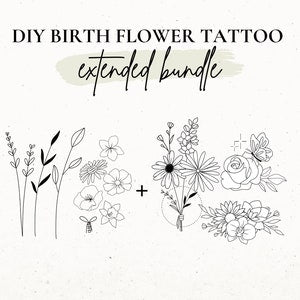 DIY birth flower tattoo stencil with line-art wildflowers and handwritten 'extended purple' note