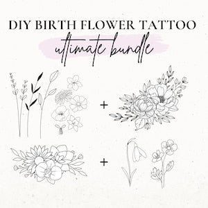 Birth flower tattoo stencil set with delicate line-art wildflowers and florals