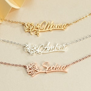 Personalized birth flower name necklaces with cursive Mama, Amber, and Sophia pendants on chains