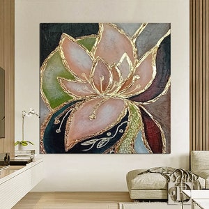 Lotus flower oil painting on canvas with gold accents and pink petals