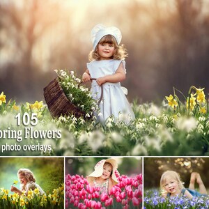Spring wildflower photo overlays set with three children in flower fields