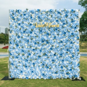 Roll-up artificial flower wall backdrop with light blue 3D blossoms, square panel