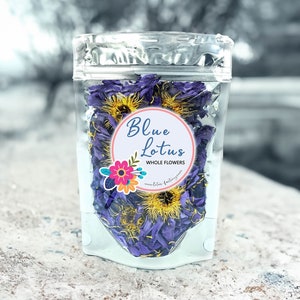 Dried blue lotus flowers in resealable clear pouch with Blue Lotus label