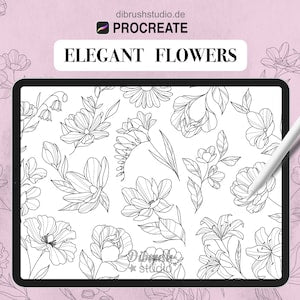 Fineline floral tattoo stamp set on tablet screen with black line art flowers and leaves