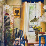Original painting of sitting room with florals, original art, dreamy interior art, flowers, free delivery, flowers in room, country cottage