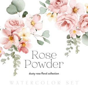 Watercolor dusty rose flower clipart set with roses and green eucalyptus leaves