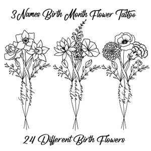 Three birth month flower tattoo designs in fine-line black ink, bouquets with leaves and stems