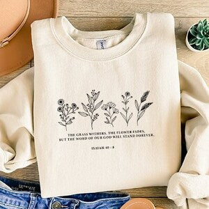 Cream sweatshirt with black floral scripture graphic on front