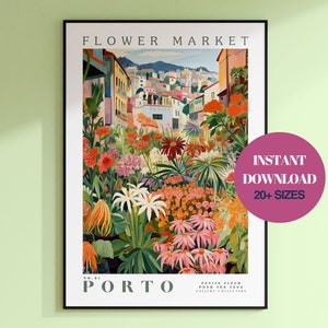 Botanical wall art poster with colorful flowers and Porto Flower Market text, framed