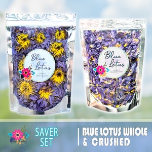 Set of two blue lotus tea pouches, one whole flowers and one crushed flowers