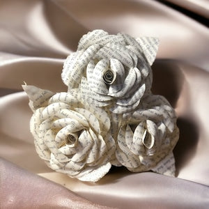 Handmade paper rose bouquet with three white textured blooms