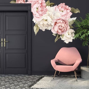Peony flower wall stickers: pink and white peonies with green leaves bouquet