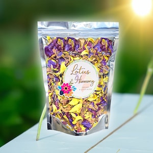 Lotus petal flower blend pouch with mixed purple, yellow, and white petals