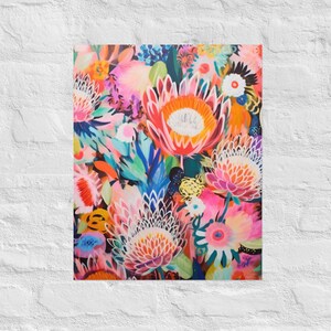 Square abstract floral painting print with vivid native-style flowers