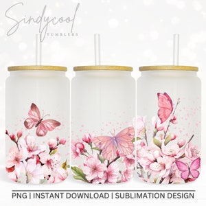 Watercolor pink butterfly and flower glass can tumbler with gold lid