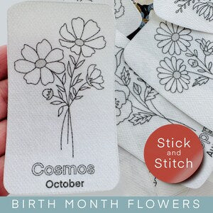 Cosmos October botanical embroidery transfer patch, stick-and-stitch peel-and-stick paper