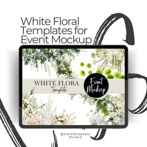 White floral event mockup template with greenery and white flowers on a framed screen