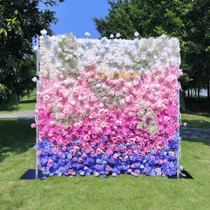Artificial gradient flower wall backdrop with colorful 3D blooms, square panel