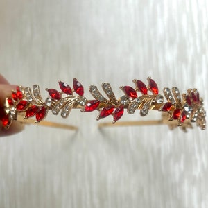 Red and gold rhinestone headband with sparkling red crystal leaf accents