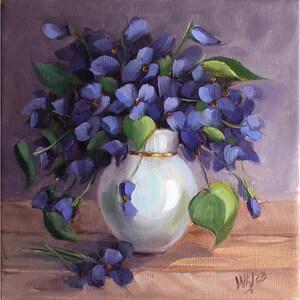 Blue flower bouquet oil painting with white vase and green leaves on canvas