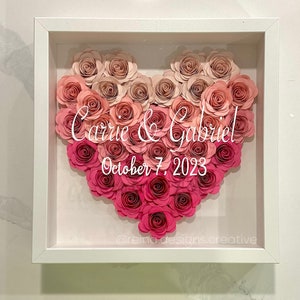 Heart-shaped flower shadow box with pink ombre roses and personalized cursive card text