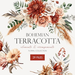 Bohemian terracotta floral watercolor clipart bundle with roses, daisies, leaves and wheat