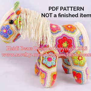 Crochet flower pony amigurumi pattern PDF with colorful patchwork and long fringe mane