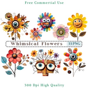 Whimsical flower clipart set with cute bug faces and assorted colorful flower graphics