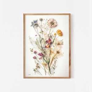 Framed wildflower pressed bouquet botanical print with dried flowers and stems