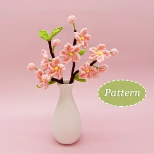 Cherry blossom crochet flower bouquet in vase, pink blossoms with Pattern badge
