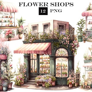 Watercolor flower shop clip art PNG set, romantic floral storefront illustration