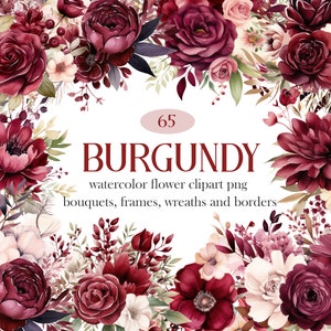 Watercolor burgundy floral clipart bundle with flower wreath border and 'BURGUNDY' label