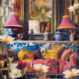 Colorful interior painting with floral flowers, pink lamps, and patterned sofa