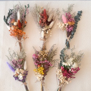 Set of mini dried flower bouquets with mixed blooms, natural stems, and twine ties
