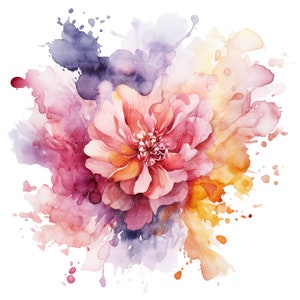 Abstract watercolor flowers clipart with pink, purple, and orange blooms and paint splashes