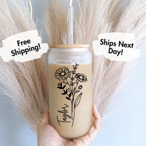 Cream tumbler with lid and straw, black line-art birth flower with script design