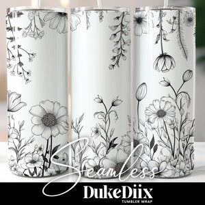 Black-and-white wildflower seamless tumbler wrap for 20oz skinny straight/tapered
