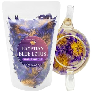 Whole organic Egyptian blue lotus flower buds in resealable white pouch