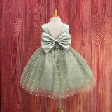 Sage Tulle Elegant V-Back Pearl Knee Length Wedding Flower Girl Birthday Trendy Church Summer Fall Big Bow Infant Toddler Junior Girl Dress